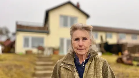 Martin Giles/BBC Hilary stands in her garden in front of her yellow flat which is blurred slightly behind her. Part of her hair has been tied back behind her head. She wears a green coat with a blue top underneath.