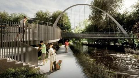 Artists impression of a new steel footbridge over a canal