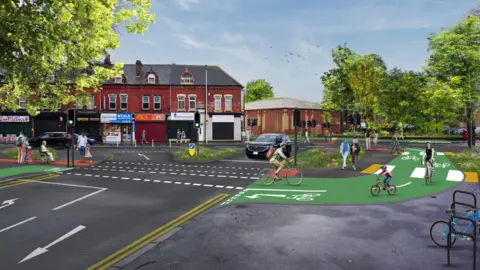 Leeds City Council An artists impression which shows cyclists riding on new green cycle lanes, and additional pedestrian crossings.