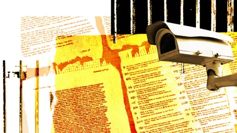 An adjusted imaged showing handwritten notes, bars and a CCTV camera, overlayed with an orange hue