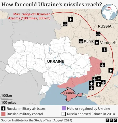 map showing Russian gains in the war and maximum range of Ukrainian missiles