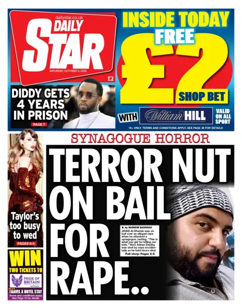 "Terror nut on bail for rape.." reads the headline on the front page of the Daily Star.