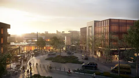 ARUP/Peterborough City Council Graphic shows an the new station while the sun is setting. There are some cars driving around a small circle at the front of the station. Big buildings are at either side of it and a cycle way has also been created.