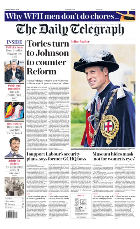 Daily Telegraph The front page of the Daily Telegraph, with a picture of Prince William wearing a feathered hat