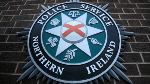 The PSNI emblem on a brick wall. It consists of a torch, a leaf, a shamrock, a crown, and scales.