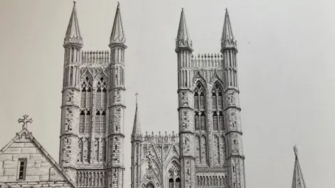 A part of the artwork showing very finely detailed towers of Lincoln Cathedral