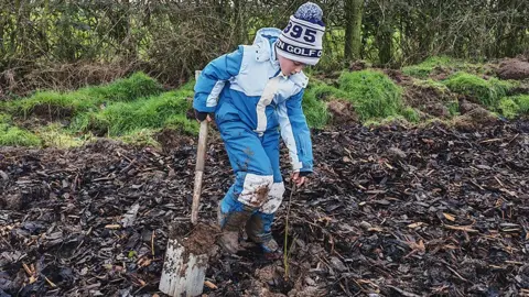 LCC A boy in a blue and white snowsuit and woolly bobble hat plants a tiny sapling with a large spade in a cleared area covered with bark