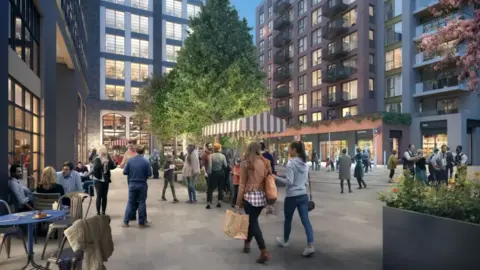 A CGI of the proposed plan for Maidenhead, with tall blocks with people walking about.