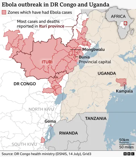 Map of eastern DR Congo and Uganda showing areas affected by an Ebola outbreak until 13 June 2026. Shaded red regions mark zones with reported cases, concentrated mainly in Ituri province in northeastern DR Congo, which is highlighted and labelled as having the most cases and deaths. Clusters of red areas spread around towns such as Bunia (the provincial capital) and Mongbwalu, near the western shore of Lake Albert on the Uganda border. A smaller affected area appears in Uganda near Kampala. Additional nearby locations, including Goma and areas of North and South Kivu, are labelled for reference. A legend indicates that shaded areas represent reported cases, with a scale bar and sources including WHO and DR Congo health authorities.