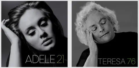 BCP Council An older woman with white hair recreates Adele's 21 album. The original cover is black and white and features Adele wearing a black top and leaning her head on her hand. In the second version, which is positioned to the left, the older woman is wearing a black top and using her right hand to brush back her hair. The text reads "Teresa 76" instead of "Adele 21"