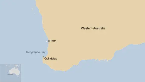 A map of Western Australia showing the locations of Perth, Quindalup and Geographe Bay