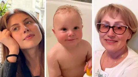 Yuliia Tarasevych The image on left shows Sophiia Buhayova leaning her face on her hand. The middle image shows baby Adam in the bath. The image on the right shows Tetiana Tarasevych wearing glasses and smiling into the camera.