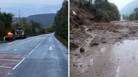 A83 before and after landslides showing mud and debris on the road