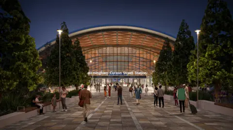 An artists impression of the new Curzon street station, showing people outside a huge arch entrance with "Birmingham Curzon Street Station" in bold white signage.