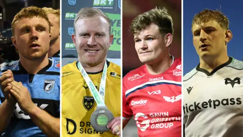 Cardiff's Tom Bowen, Tinus de Beer of Dragons, Scarlets' Taine Plumtree and Jac Morgan of Ospreys