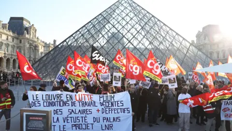 Getty Images Strikers with placards and red flags at the Louvre Musuem