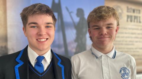Two Islwyn High School pupils smiling