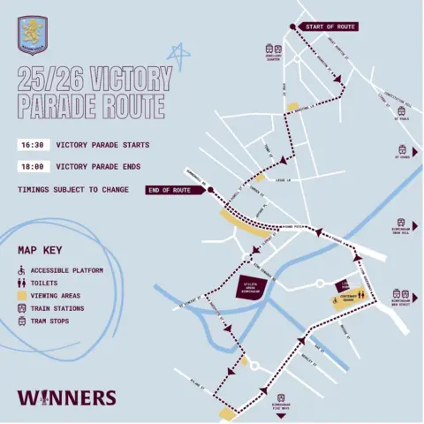 Aston Villa A map of Birmingham city centre, with arrows pointing along the parade route