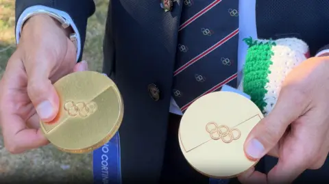 Hands holding two Olympic gold medals. 