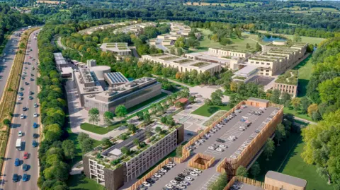 A CGI-created picture of the EXOq plan, which includes several buildings built amongst green spaces and trees. The A34 runs to the left of the picture.