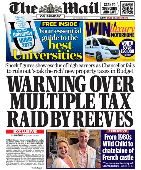 The Mail connected  Sunday headlines "warning implicit    aggregate  taxation  raid by Reeves"