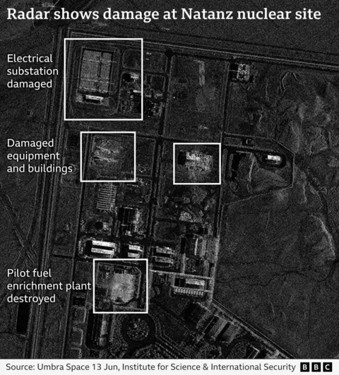 Radar image shows damage at Iran's Natanz uranium enrichment facility (13 June 2025)