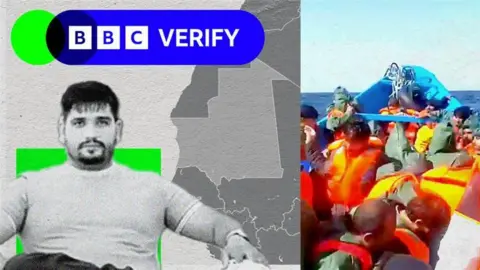 A BBC promo image showing Fadi Gujjar and the boat which got lost at sea off the coast of West Africa. The images are superimposed over an image of Mauritania on a map. 