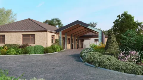 A computer-generated image showing what the new entrance to the hospice will look like. There is a one storey building with large windows on the left and an arched canopy made of a steel frame leading to the doors. To the right is a garden and in the foreground a drive leading to the entrance.