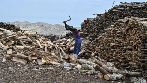 Issouf Sanogo / AFP A man chops wood at the Abobodoume beach in Ivory Coast on 30 July 2024.