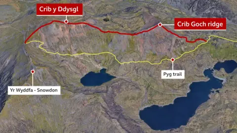 Google Graphic map of Snowdon, Crib Goch and Crib y Ddysgl