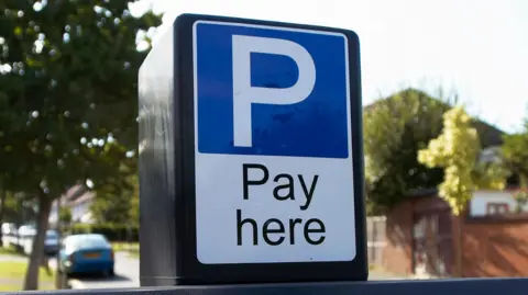 A parking sign sign says "pay here" below a white P in front of a blue background.