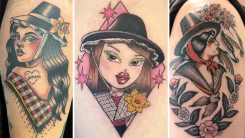 Three tattoos of women in traditional Welsh clothing: on the left, a woman with a checkered shawl, daffodil in her chimney hat, and the word “Cymru” on her chest; in the centre, a freckled woman with green eye makeup in the style of a Bratz doll, a wide-brim hat, pink starbursts behind her, and a daffodil; on the right, a profile of a woman in a red scarf and chimney hat surrounded by flowers and a Mari Lwyd horse skull.