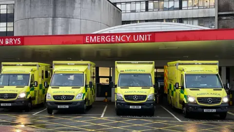 Getty Images Bay full of ambulances with Welsh writing on
