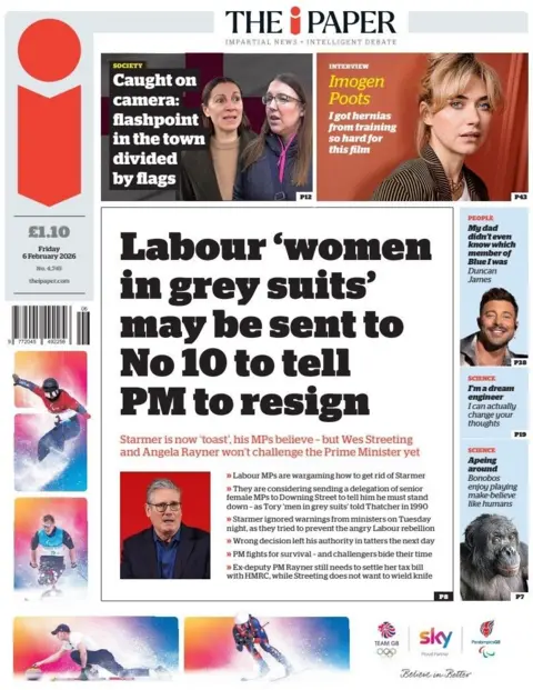 "Labour 'women in grey suits' may be sent to No 10 to tell PM to resign" reads the headline on the front page 