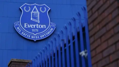 A general view of the Everton badge on the Main Stand at Goodison Park