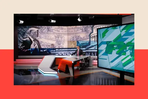 Misha Friedman/Getty Images News Presenter Kevin Owen reports a story on the impeachment of US President Donald Trump during an RT broadcast