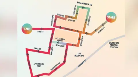 LCR Pride Foundation/Sahir House A map shows the march will begin at the St John's Beacon before heading through some of Liverpool's busiest streets, including Church Street and Paradise Street, before culminating on Lord Street.