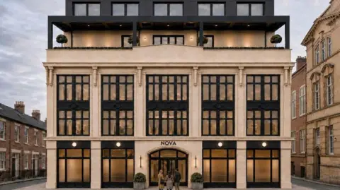 Artist's impression of the proposed building. It is a large elegant bulding with long windows and a roof terrace