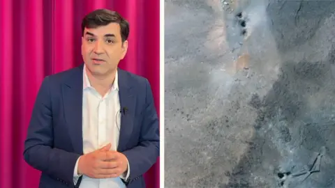 A split screen composite image showing BBC security analyst Gordon Corera on the left and satellite imagery showing blast damage in Iran on the right 
