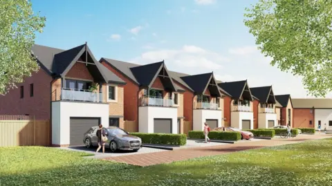 Cube Homes A computer generated image shows a row of about seven homes, including five with balconies, with driveways and a road at the front and a grassed area. There are several people in the image. 