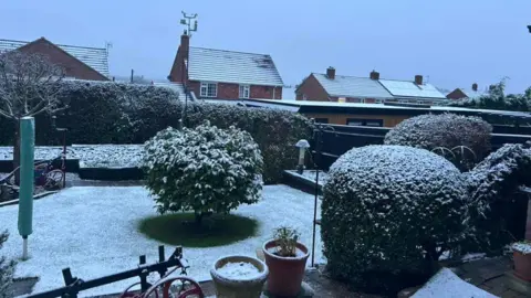 Keith Hill A back garden with several manicured hedges and bushes. There are also plant pots and a washing line packed away. In the background there are several more houses and everything is covered with light snow. The sky is dim and grey.