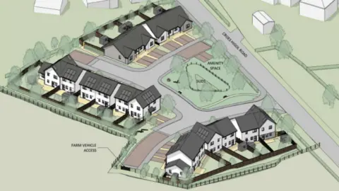 Planning documents Artist impression of affordable housing plans which shows three rows of houses.