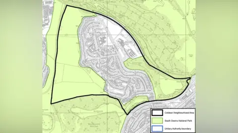 LDRS A map showing the Coldean neighbourhood area in Brighton outlined with a black boundary. The map includes residential streets, surrounding green spaces, parts of the South Downs National Park and nearby neighbourhoods. A key identifies the Coldean boundary, national park land and local authority boundary.