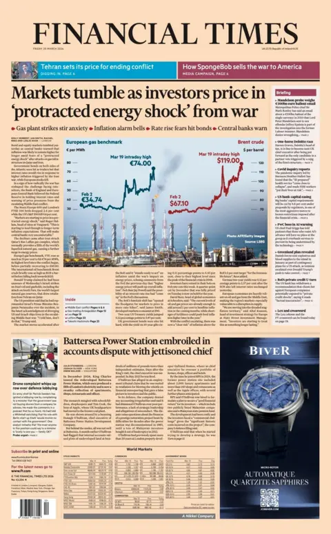 The headline on the front page of the Financial Times reads: "Markets tumble as investors price in 'protracted energy shock' from war."