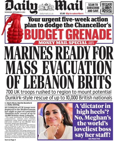 The front page of the Daily Mail. The headline reads: 'Marines ready for mass evacuation of Lebanon Brits'.