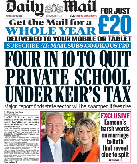 The headline on the front page of the Daily Mail read: "Four out of 10 to get out of private schools in Keir's tax"