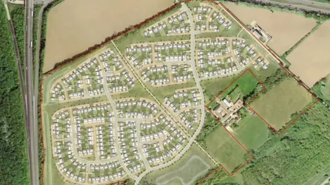 Bellway  The site plan is an aerial view of a field with rows of houses plotted out. There is a main road to the left, with fields towards the right and bottom of the proposed development.