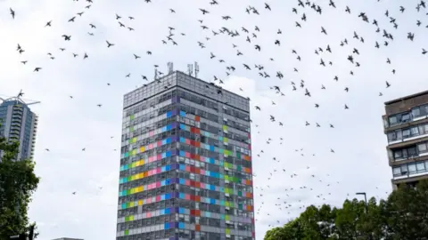 Getty Images A modern high-rise block in London surrounded by a large flock of pigeons. 
