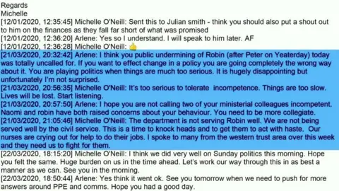 UK Covid Inquiry An exchange of messages between Michelle O'Neill and Arlene Foster regarding Ms O'Neill's attendance of Bobby Storey's funeral