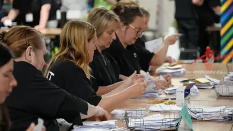 Six women, all wearing black t-shirts are sorting through ballot papers at a desk. In front of them are several piles of ballot papers, some of them have been sorted into wire baskets.